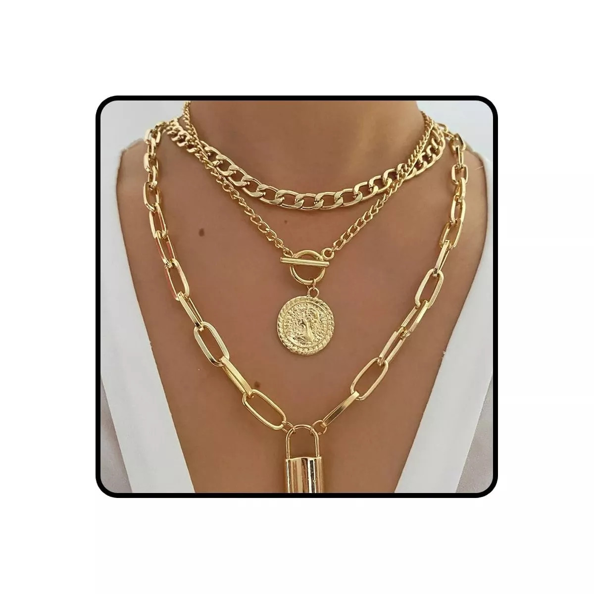 3-Piece Chunky Gold Layered Chain Set - Punk Style Paperclip & Coin Lock Necklace Collar | Target