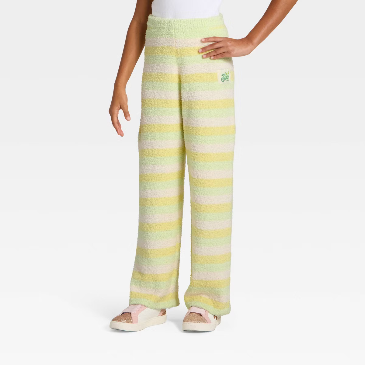 Girls' The Grinch Striped Wide Leg Boucle Lounge Pants - Light Green/Yellow/White XS | Target