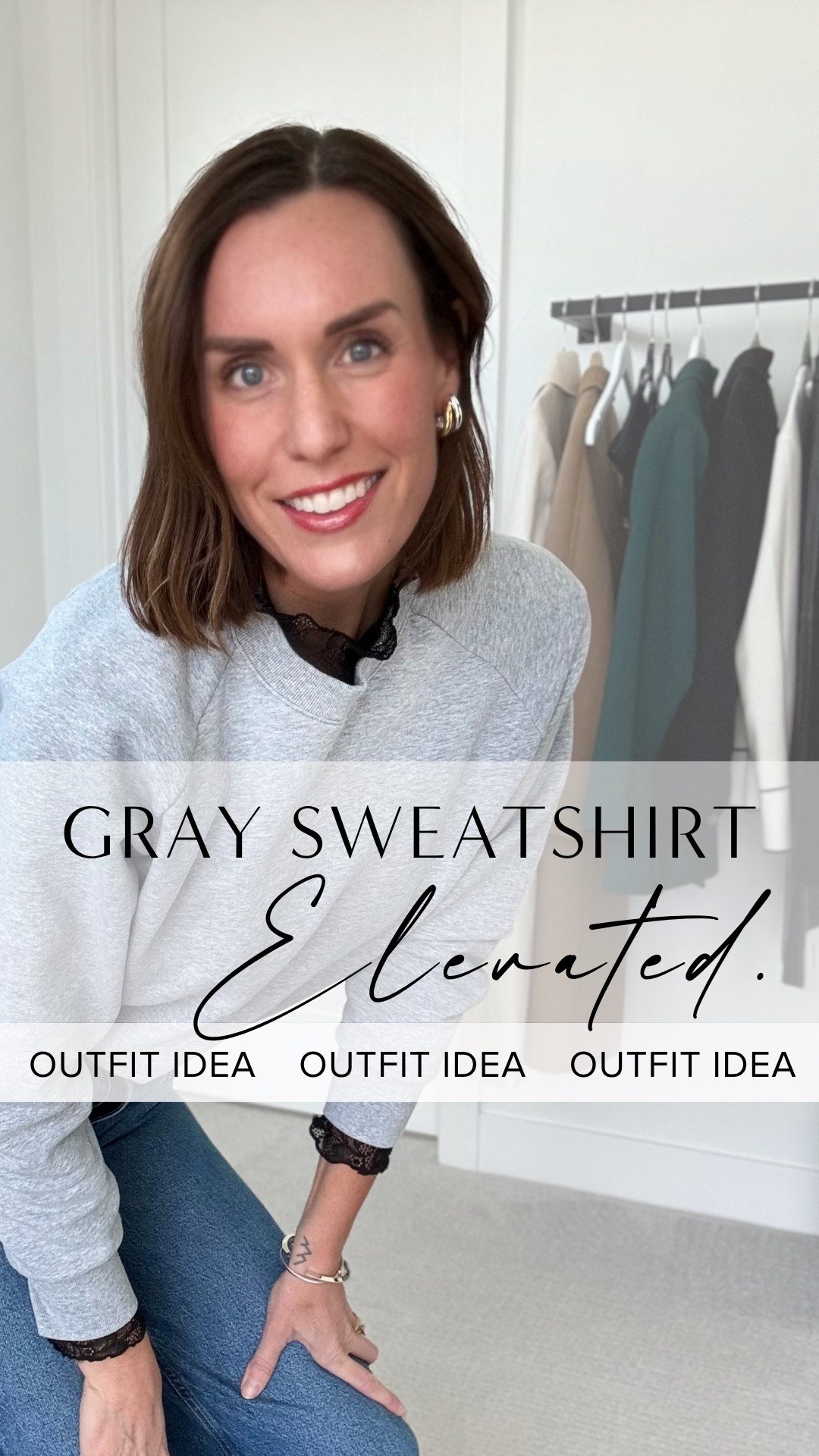 Gray sweatshirt, styled intentionally into an elevated, casual chic look. 
Lace layer, black leather boots and purse, accessories to polish it all off. Experiment with unexpected combos like this to create unique looks for yourself! 🩶 layered look. Outfit idea. Casual chic. 

#LTKgrwm #LTKootd #LTKOver40