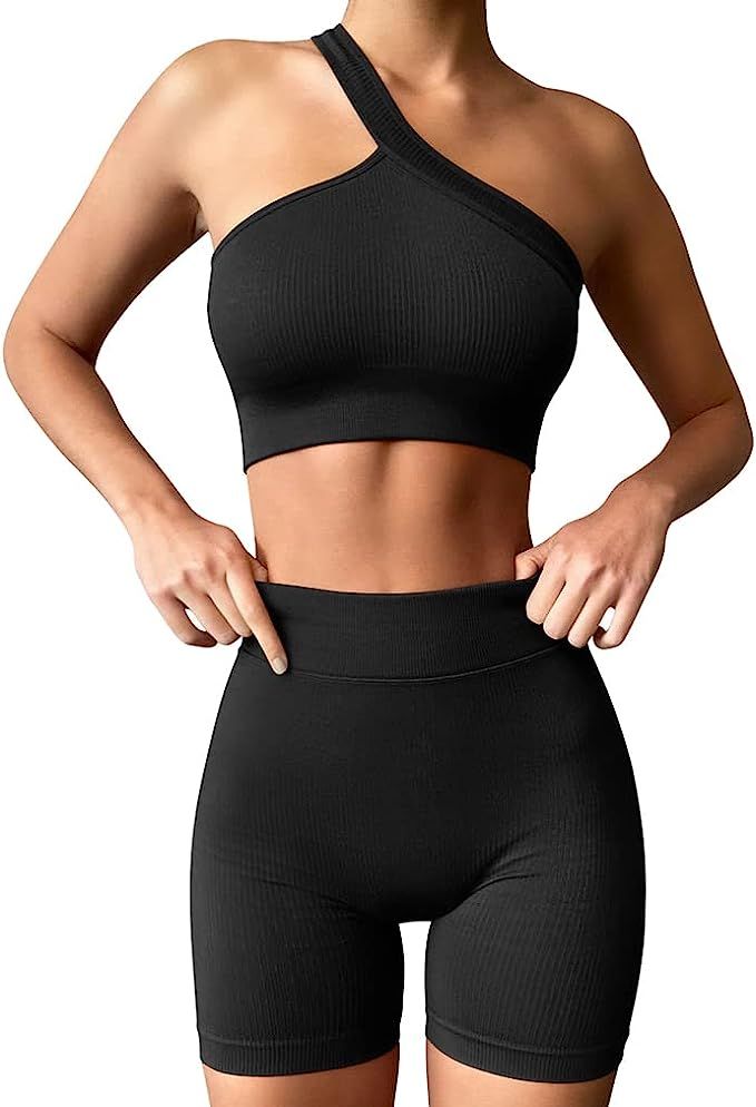 HYZ Women's Seamless 2 Piece Workout Sets Ribbed Tank Two Piece High Waist Gym Outfit Yoga Shorts... | Amazon (US)