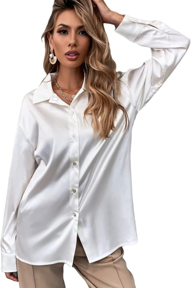 SheIn Women's Satin Long Sleeve Drop Shoulder Button Front Blouse Shirt Tops | Amazon (US)