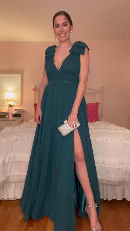 Green dress, prom dress, wedding guest dress, evening dress, formal dress, long gown, long dress, silver heels, silver bag, statement shoes, winter wedding guest dress, black tie wedding guest, silver clutch, silver statement earrings