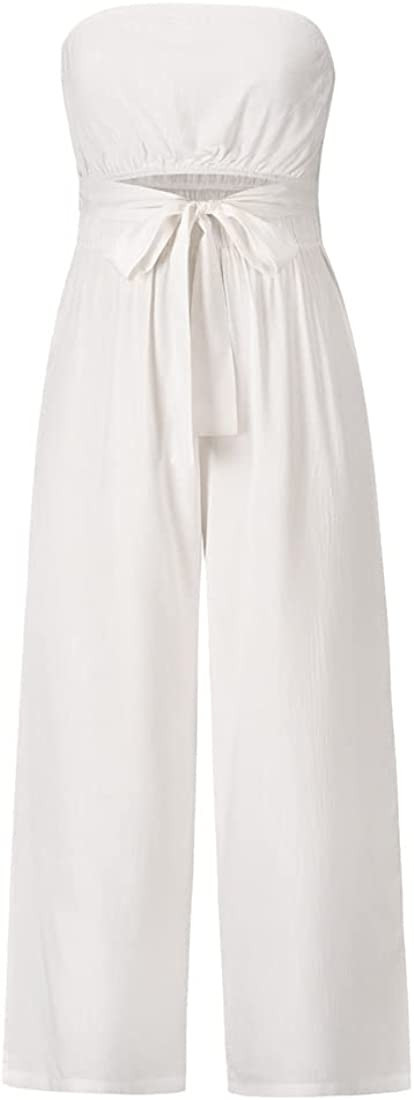 yoeasy Women's Strapless Belted Wide Leg Romper Off Shoulder Tie Waist Long Pants Casual Chiffon ... | Amazon (US)