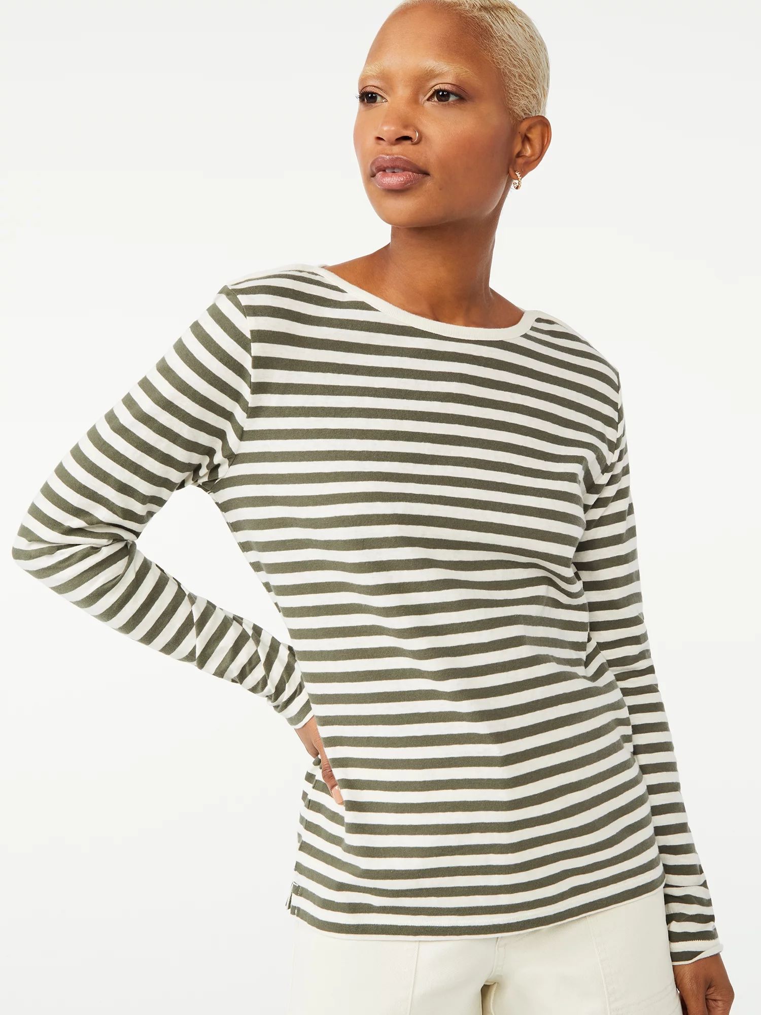 Free Assembly Women's Breton Stripe T-Shirt with Drop Shoulder Long Sleeves | Walmart (US)