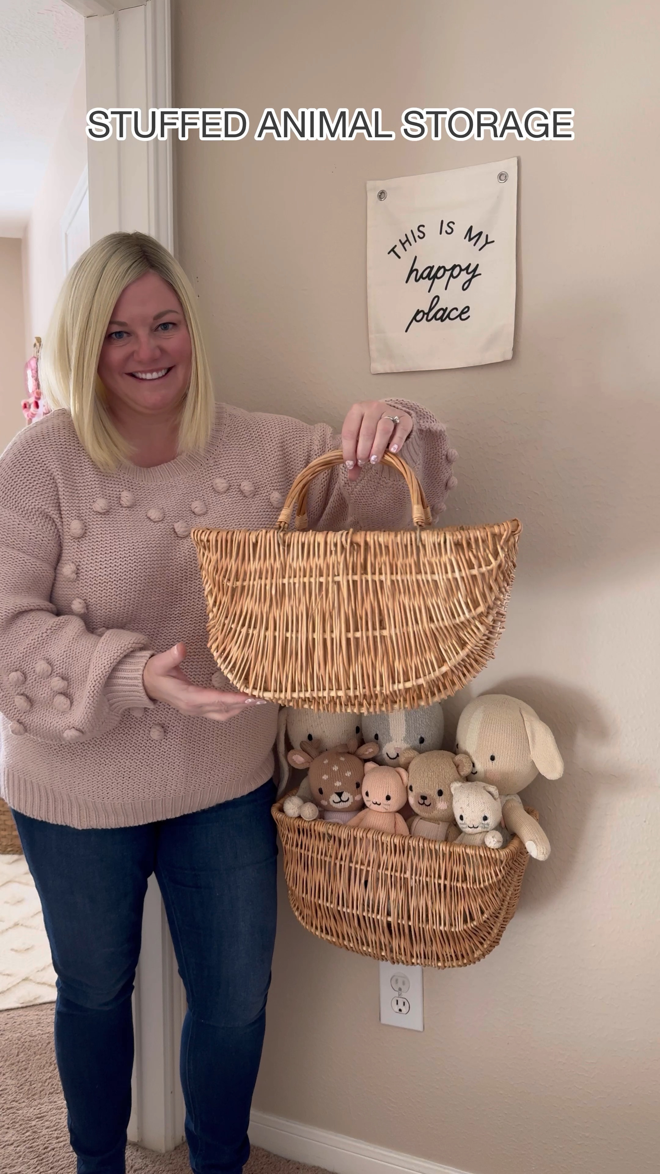 These baskets I use for stuffed animal storage are back in stock after 8 months! 

I have the large size.  I tuck the handles inside in case I want them for another purpose someday.  Secure onto your wall with an anchor & screw.  Leave 1/2” between the screw head & the wall and set the basket down onto the screw.

#LTKfamily #LTKfindsunder50 #LTKhome