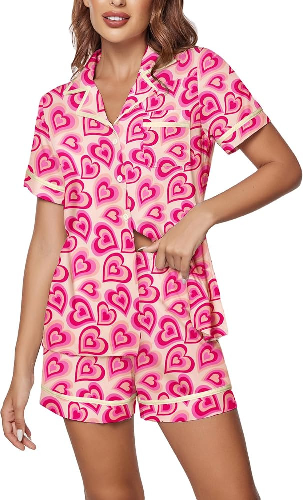 Ekouaer Women's Pajama Sets 2 Piece Short Sleeve Button Down Tops and Pants Pj Set V Neck Sleepwe... | Amazon (US)