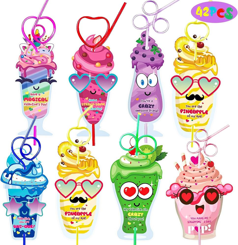 42 Pack Valentine's Day Gifts for Kids Classroom School Crazy Straws with Valentine Cards for Kid... | Amazon (US)