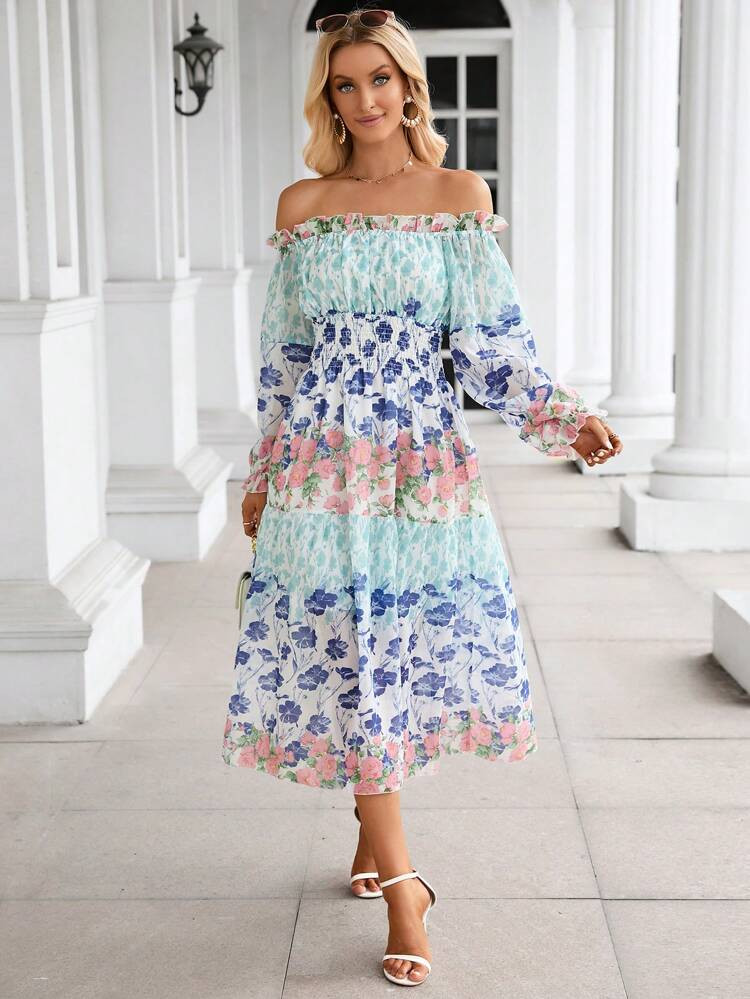 SHEIN Frenchy Floral Print Off Shoulder Flare Sleeve Ruffle Hem Dress | SHEIN