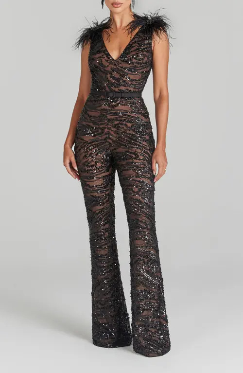 NADINE MERABI Jenna Ostrich Feather Trim Sequin Belted Jumpsuit in Black at Nordstrom, Size 4 | Nordstrom
