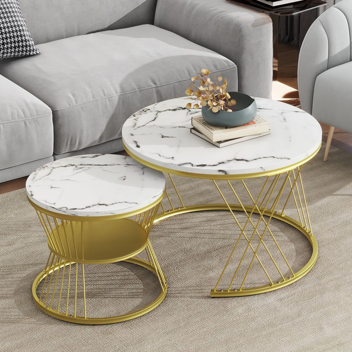 Set of 2 Nesting Coffee Table with Marble Grain Table Top, Golden Iron Frame Round Coffee Table, ... | Target