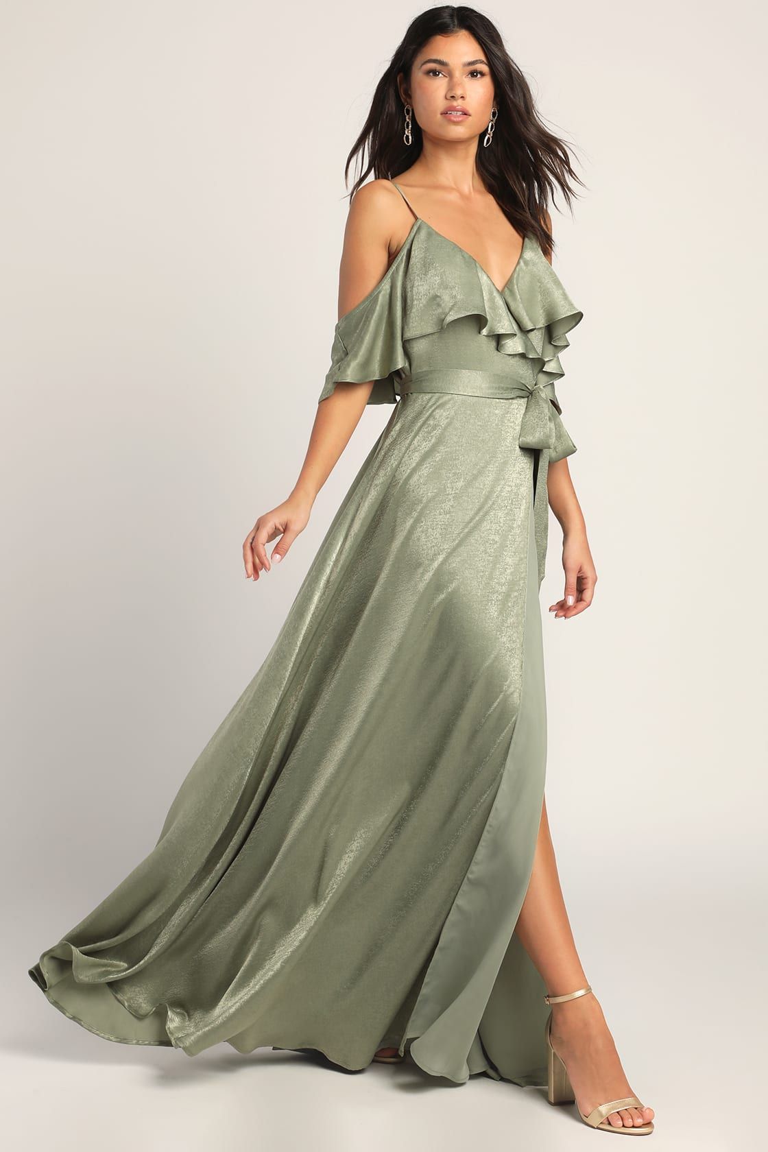 Moriah Sage Green Satin Wrap Maxi Dress | Lulus