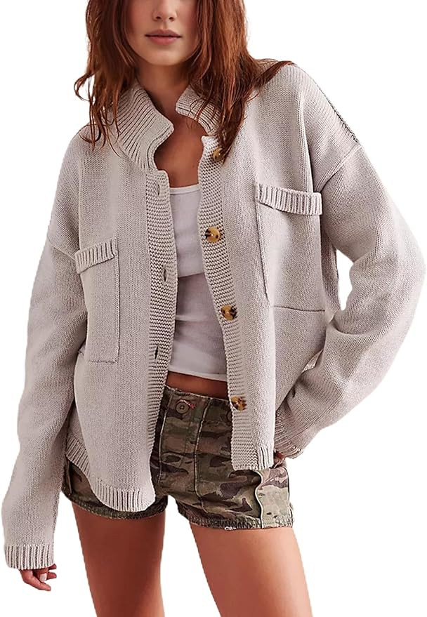 Sweater Cardigan Women Long Sleeve Fall Button Down Knit Tops Casual Loose Outerwear Coats(Gray-S... | Amazon (US)