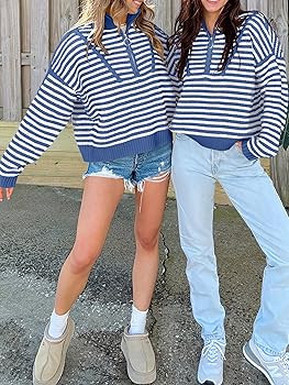 ANRABESS Sweaters for Women Striped Half Zip Long Sleeve Ribbed Knit Pullover Comfy Casual Lightw... | Amazon (US)