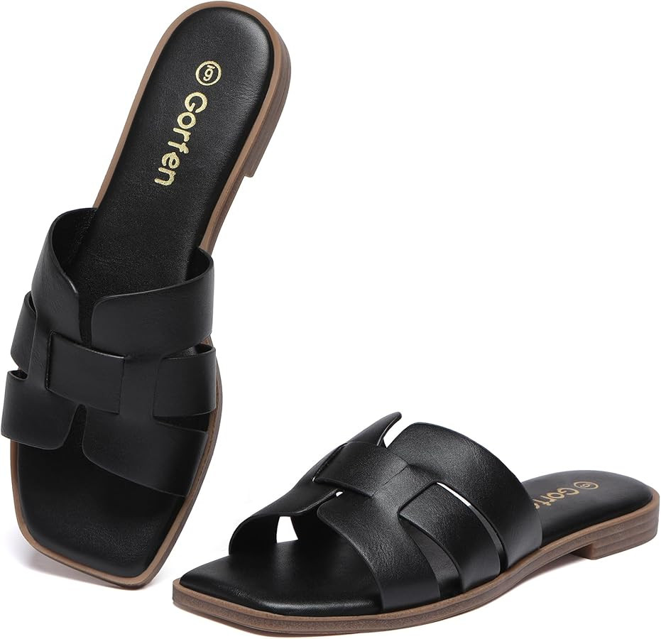 Women's Flat Sandals Dressy Comfortable Square Open Toe Slip On Leather Slide Sandals | Amazon (US)