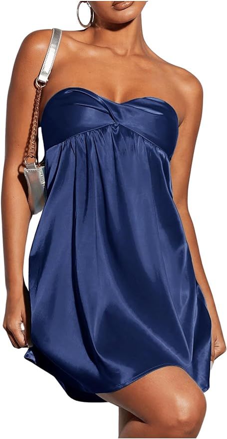 SOLY HUX Women's Satin Tube Dress Strapless Backless Dress Evening Cocktail Party Mini Dresses | Amazon (US)