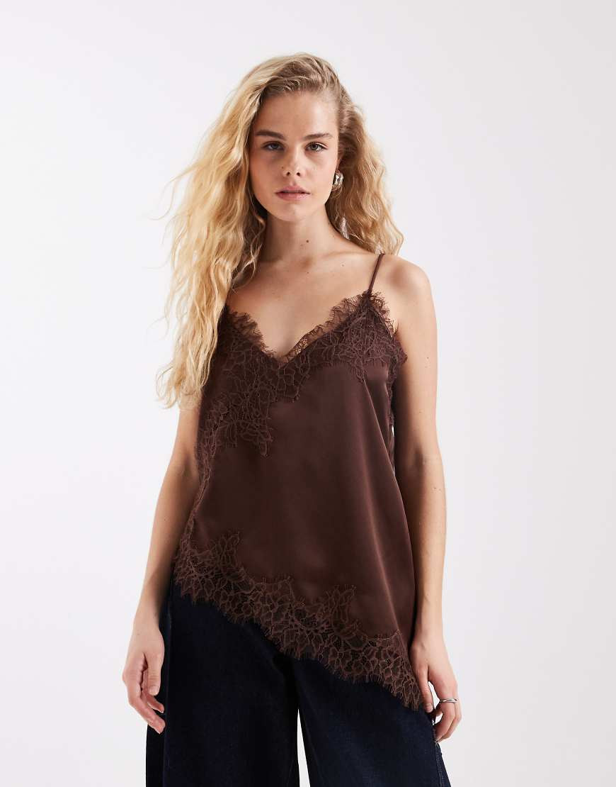 Vero Moda asymmetric lace trim satin cami top in brown | ASOS (Global)