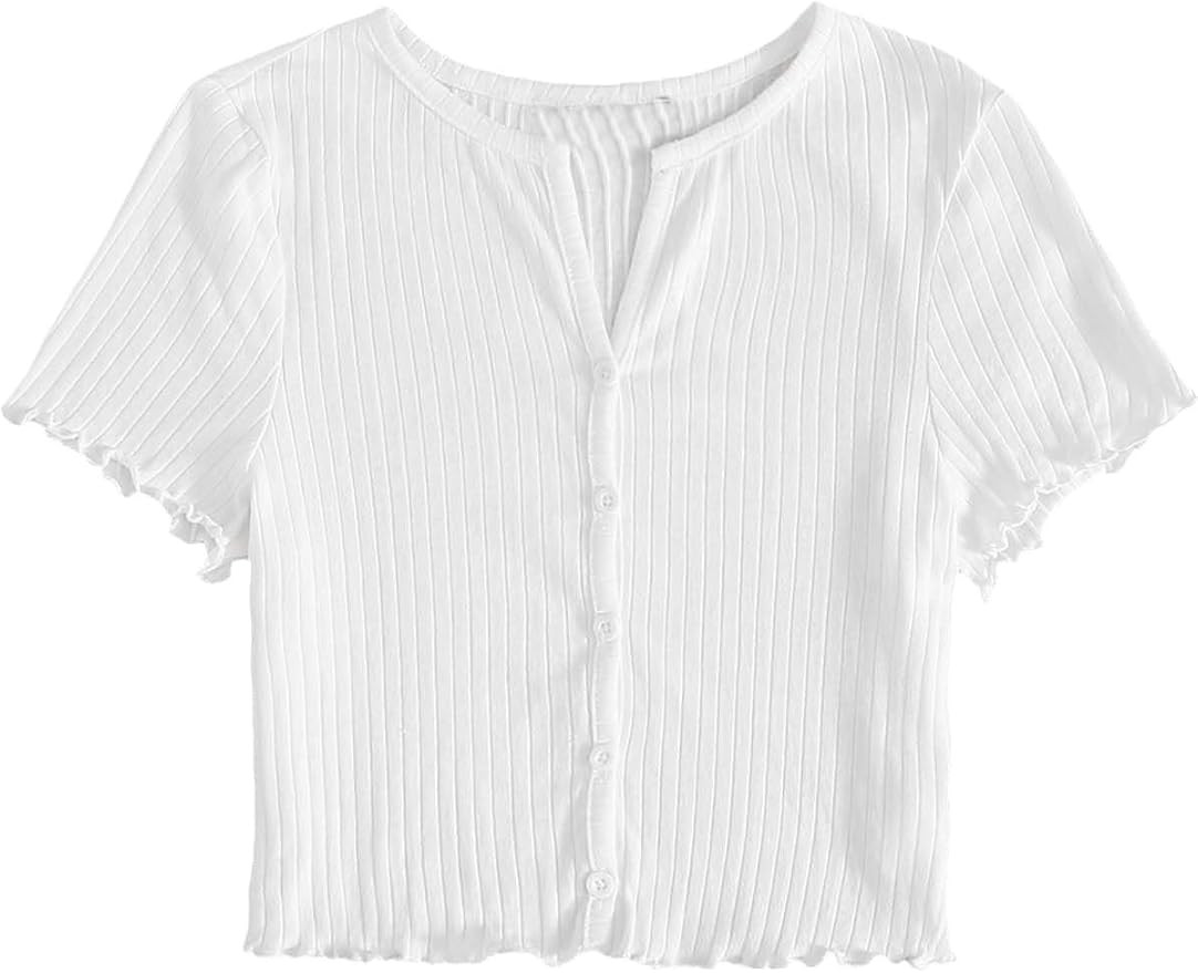 Milumia Women's Casual Crop Top Short Sleeve Button Down Ribbed Knit T Shirt Top | Amazon (US)
