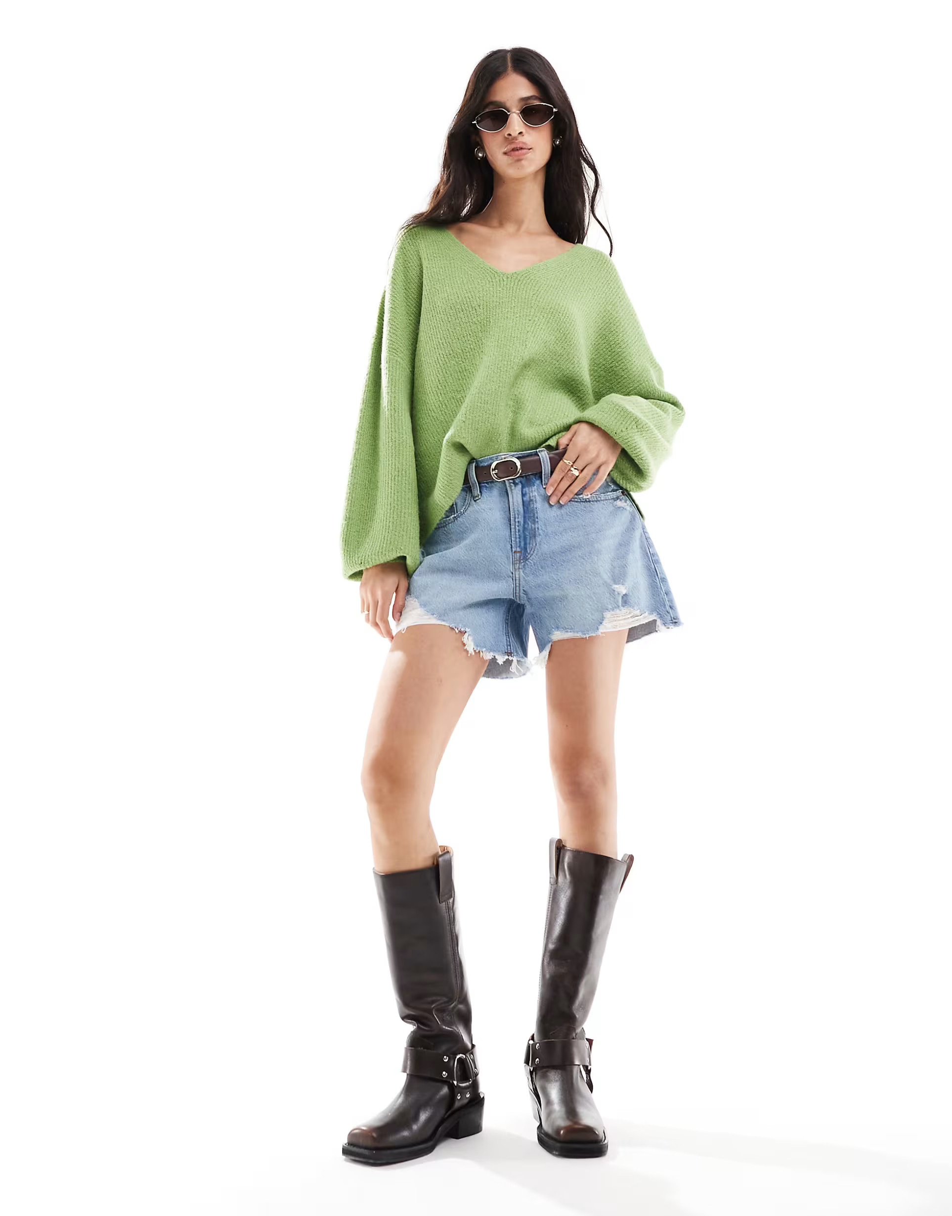 Threadbare fluffy v neck slouchy jumper in green | ASOS (Global)