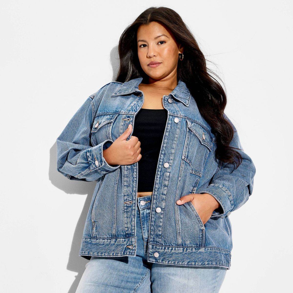 Women's Denim Oversized Trucker Jacket - Wild Fable™ Medium Wash XXL | Target