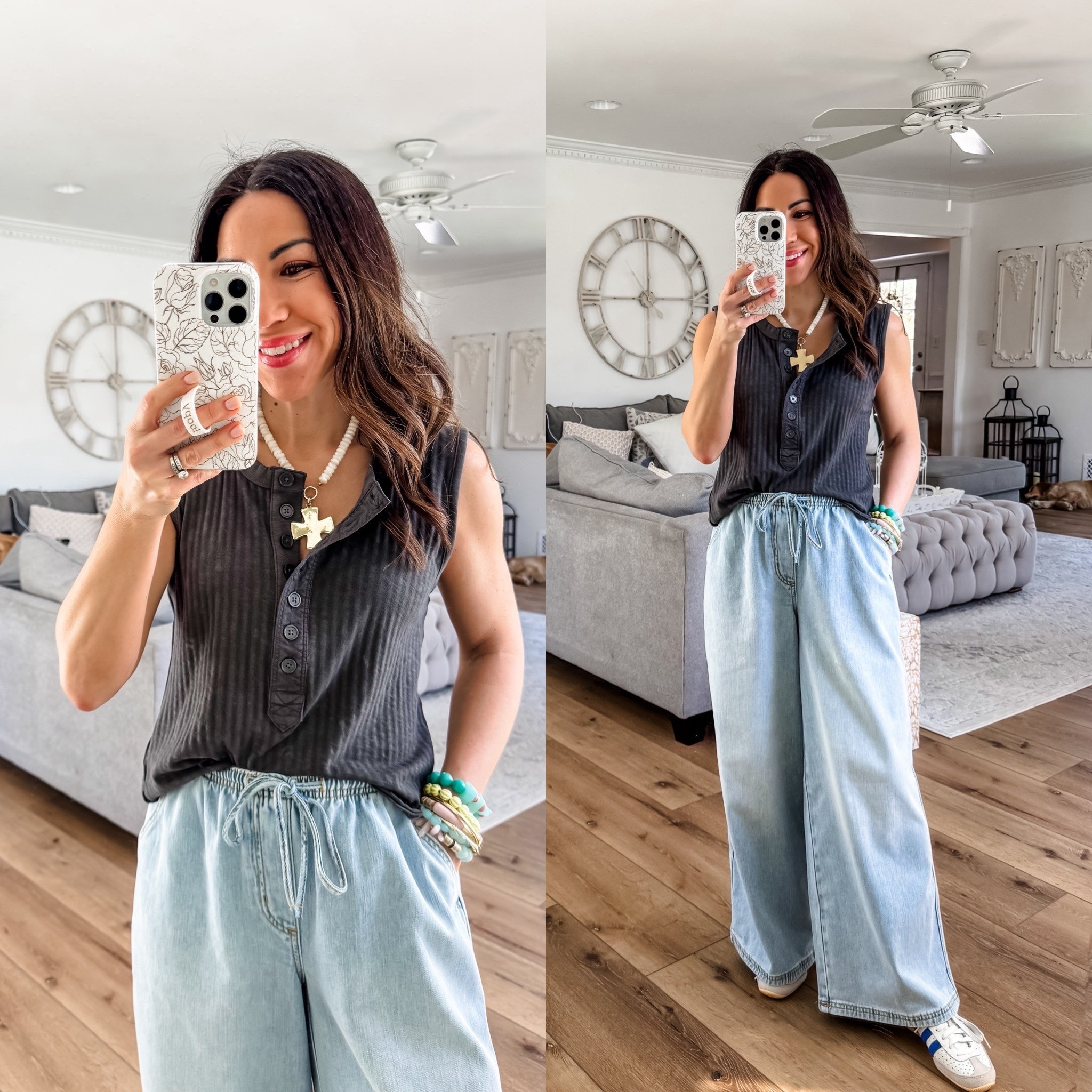 Small Henley tank. Small short, wide leg jeans. Jewelry code houseofleo20

#LTKPetite #LTKOver40 #LTKSaleAlert