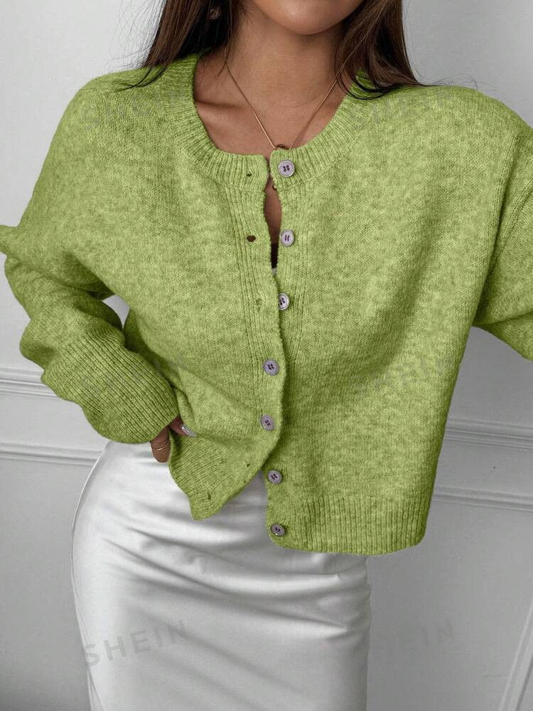 TrendsSHEIN Essnce Women's Solid Color Front Button Round Neck Casual Long Sleeve Knit Cardigan | SHEIN