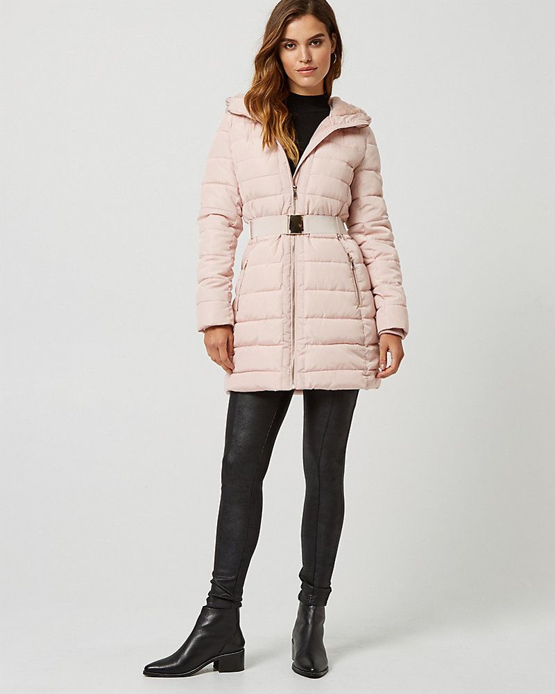 Belted Puffer Coat with Faux Fur Hood
		STYLE: 366905 | Le Chateau Stores Inc.