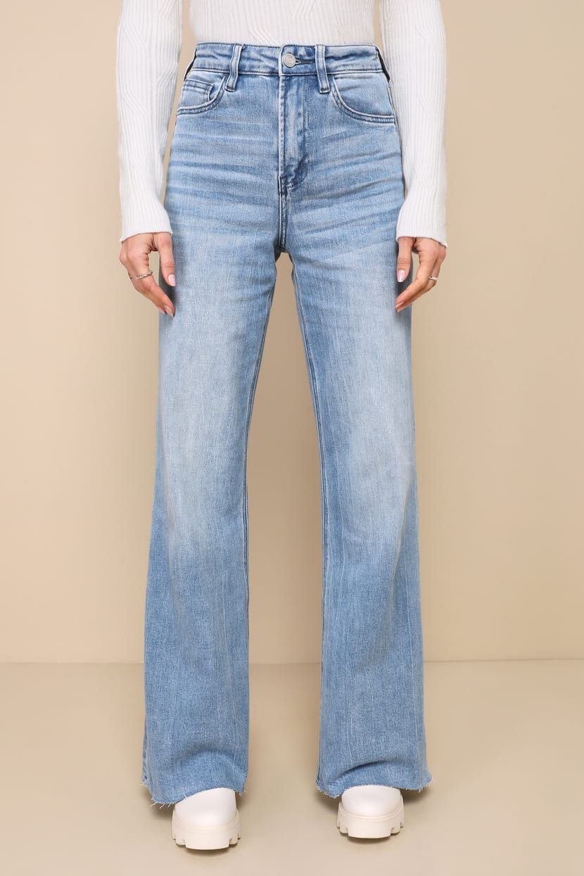 Olivia Light Wash Super High Rise Wide-Leg Raw Hem Jeans | Lulus