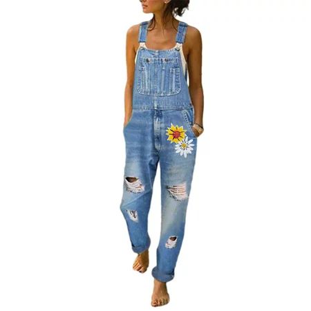 Avamo Wash Distressed Bib Overalls Pants For Women Summer Floral Denim Jumpsuits Outfits Suspender B | Walmart (US)