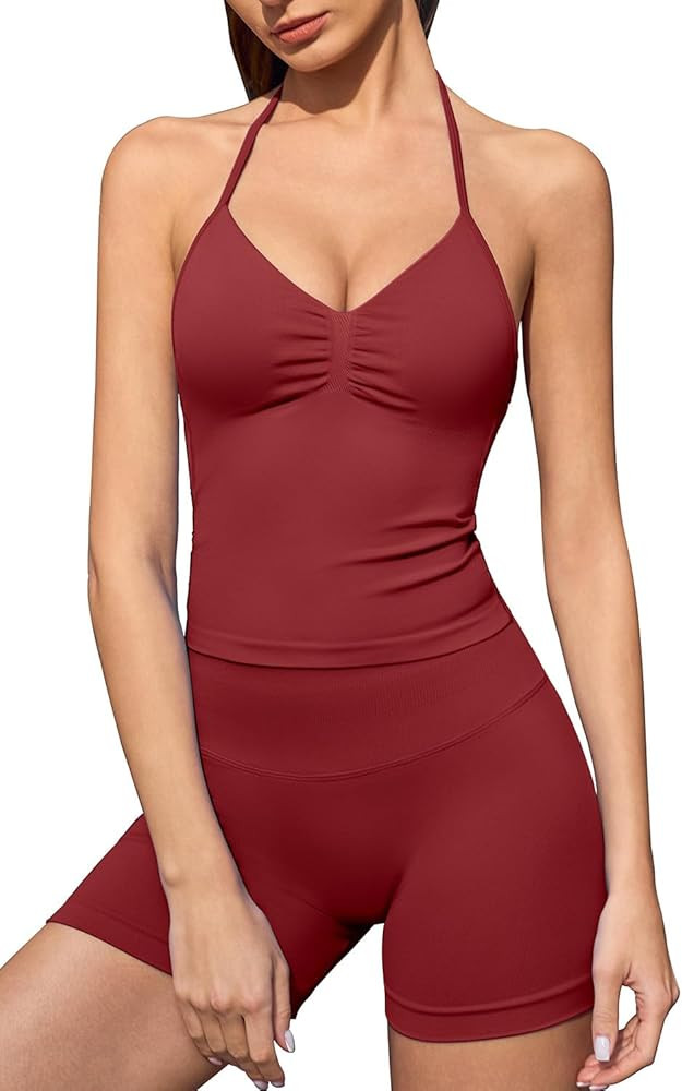 QINSEN Workout Sets for Women 2 Piece Ribbed Padded Halter Tank Top High Waist Tummy Control Boot... | Amazon (US)