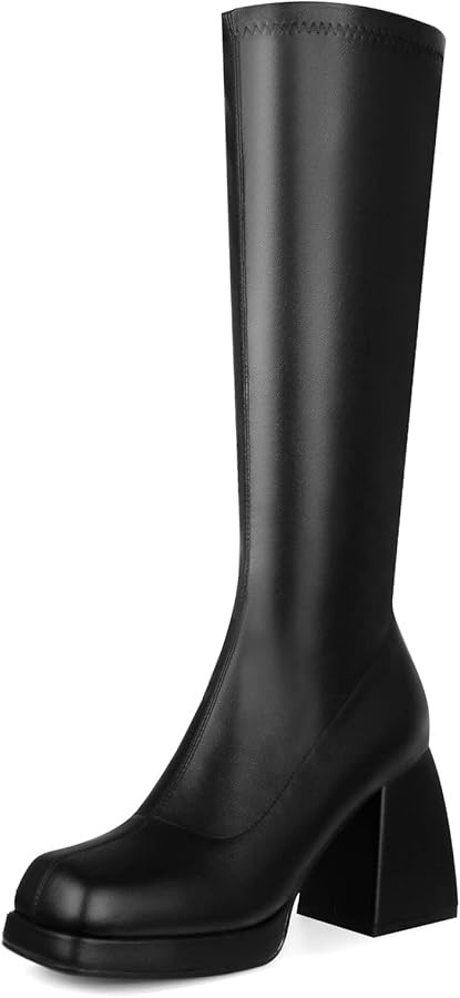 STALOV Platform Gogo Boots for women Knee High Square Toe Tall Boots Block Chunky Heel Stretchy L... | Amazon (US)