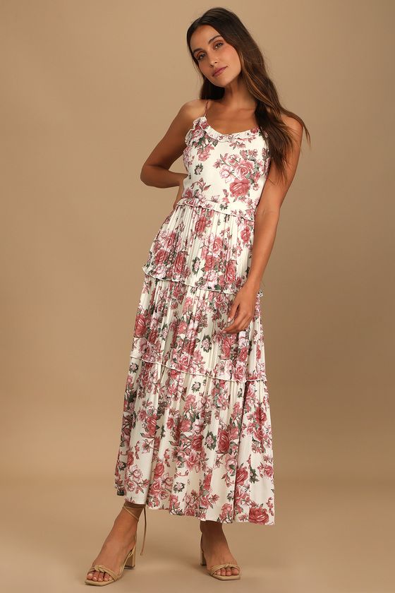 Rooting for Romance Cream Floral Maxi Dress Floral Dress Maxi Red Floral Dress Red Maxi Dress Outfit | Lulus