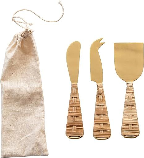 Creative Co-Op Cheese Knives with Rattan Handles, Gold Finish, Set of 3 Knife, 6.5" x 6.75" | Amazon (US)
