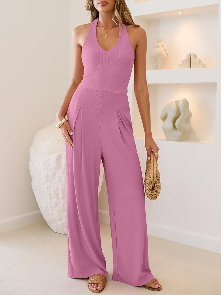 Amazon.com: ANRABESS Jumpsuits for Women Summer Sleeveless Halter Wide Leg Deep V Flowy Rib Dress... | Amazon (US)