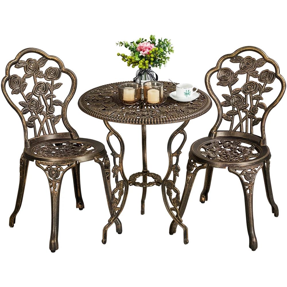 SMILE MART 3-Piece Rose Pattern Metal Outdoor Bistro Set with Umbrella Hole, Bronze | Walmart (US)