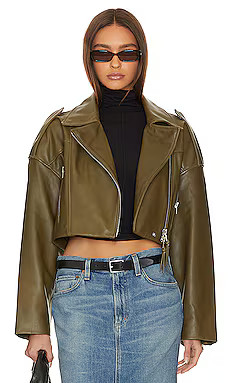 AGOLDE X Shoreditch Ski Club Remi Cropped Leather Biker Jacket in Grass from Revolve.com | Revolve Clothing (Global)