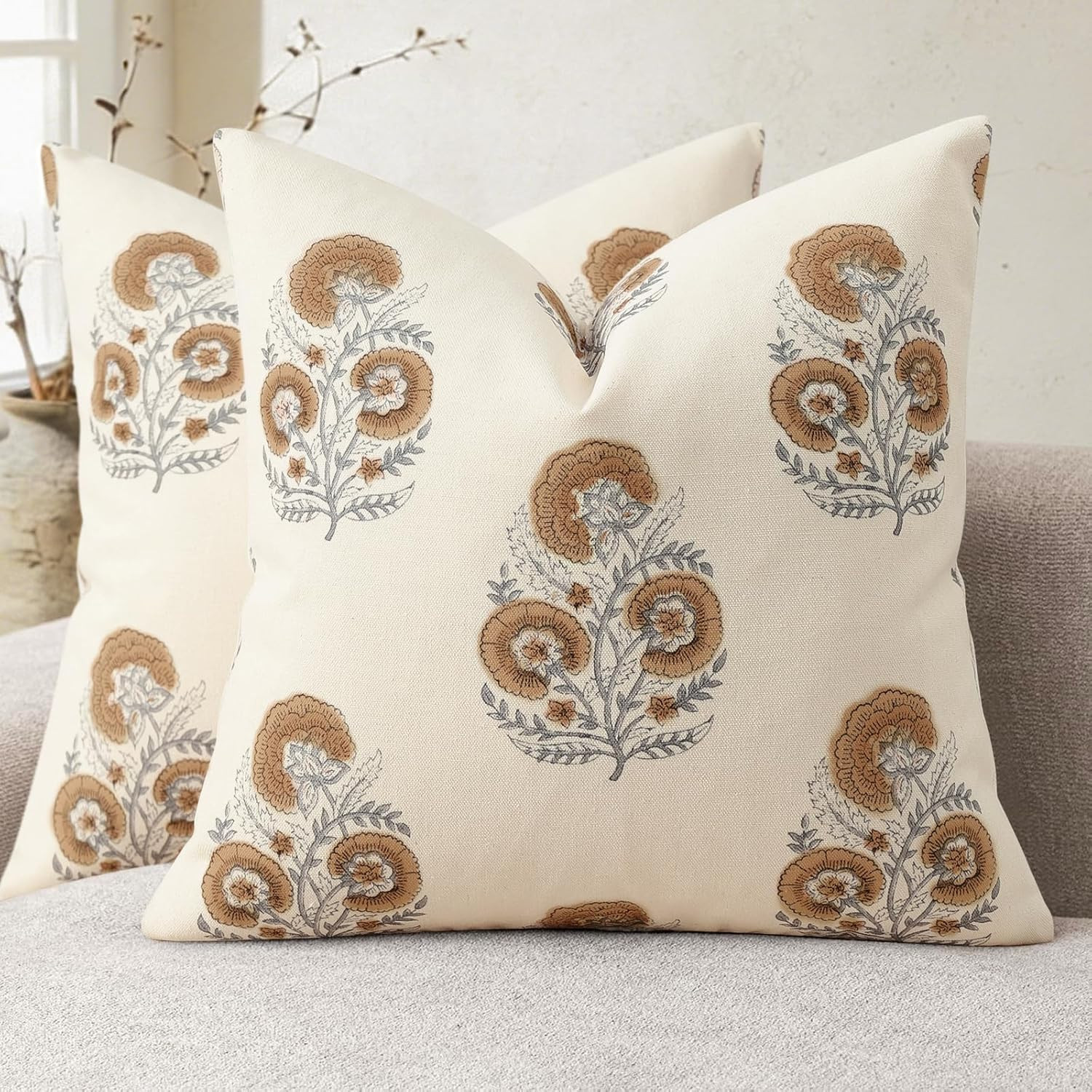 Vintage Floral Print Fall Pillow Covers 20x20 Set of 2 Patterned Accent Decorative Cushion Covers Modern Farmhouse Throw Pillow Covers for Sofa Couch Chair Bed Living Room Home Decor, Cognac Brown | Amazon (US)