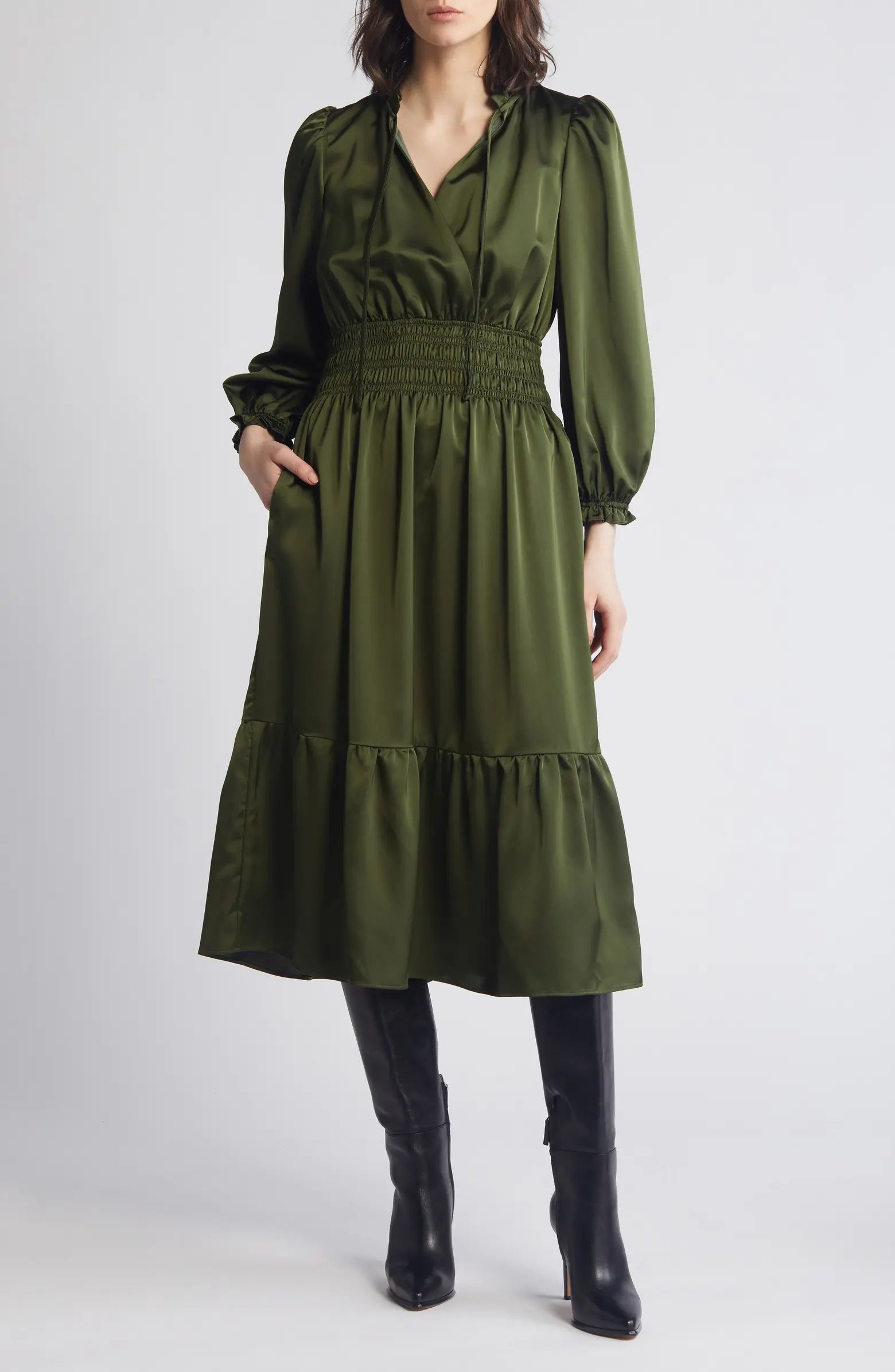 Eliza J Ruffle Trim Long Sleeve Satin Dress | Nordstrom | Nordstrom