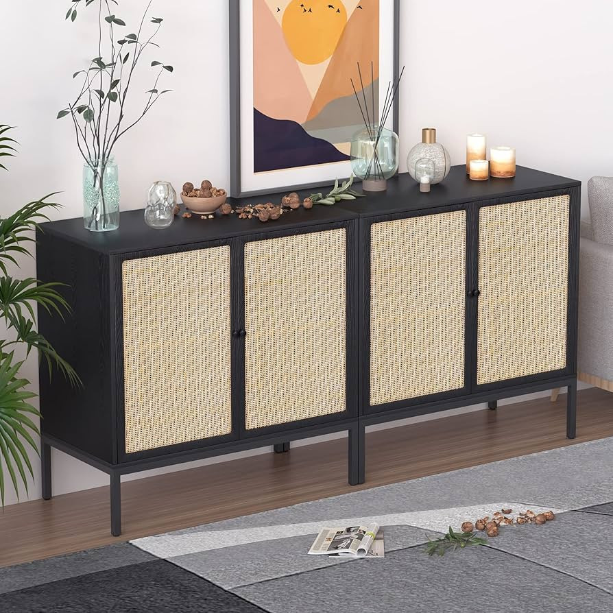 Sideboard Cabinet with Hand-Woven Natural Rattan Doors, Rattan Cabinet Console Table with Storage... | Amazon (US)