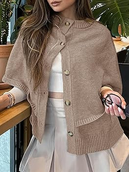 Saodimallsu Womens Cropped Cape Cardigan Button Up Crew Neck Jacket Shawl Fall Trendy Knit Sweate... | Amazon (US)