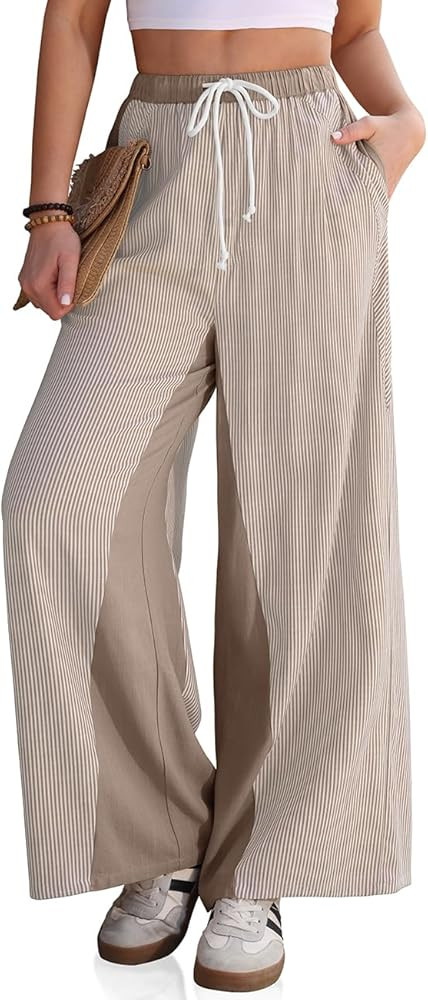 TARSE Women’s Linen Wide Leg Pants Striped Drawstring Elastic Waist Loose Fit Summer Boho Casua... | Amazon (US)
