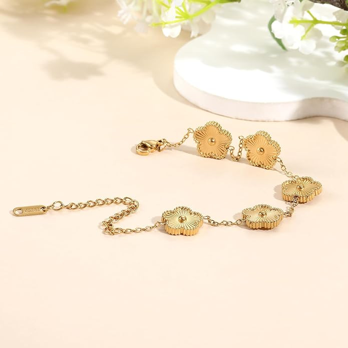TICVSS Four Leaf Clover Bracelet for Women 18K Gold Plated Stainless Steel Lucky 4 Leaf Gold Link... | Amazon (US)