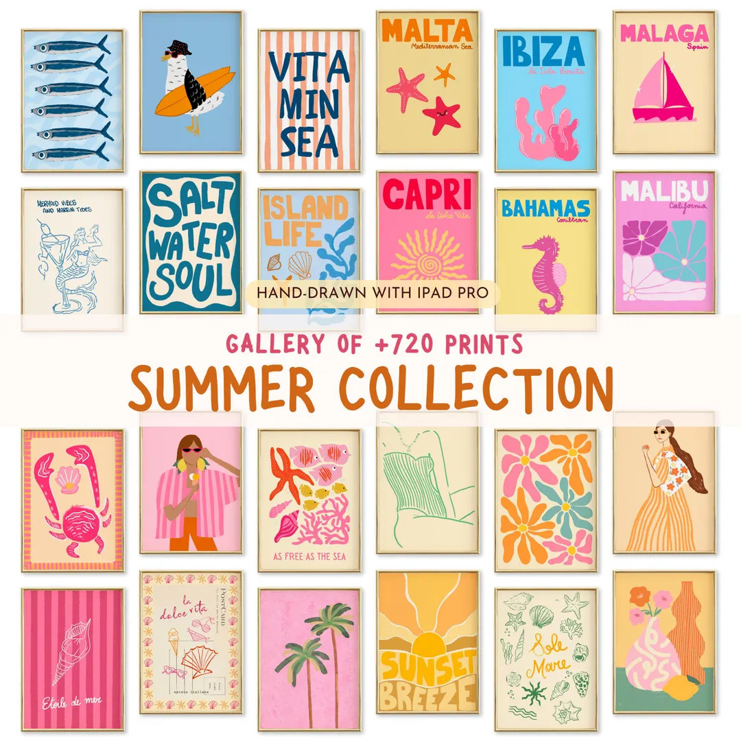 Preppy Summer Wall Art Bundle of 720, Digital Prints Set ,Beach House, Trendy Pink Aesthetic Deco... | Etsy (US)