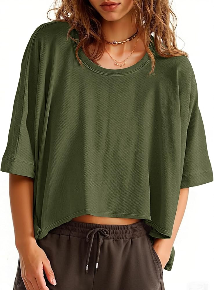 Tankaneo Womens Oversized T-Shirts Cropped Summer Casual Short Sleeve Loose Fit Tee Tops | Amazon (US)