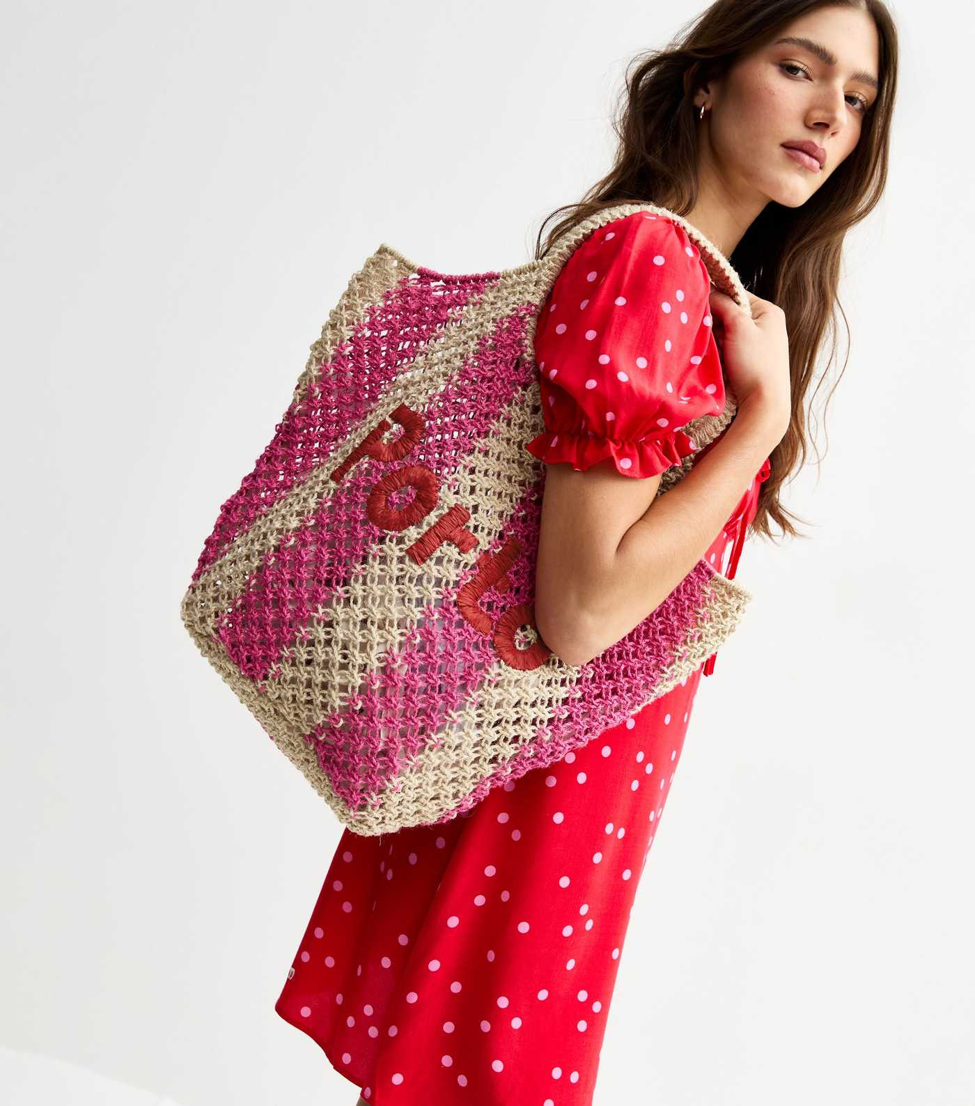 Pink Porto Embroidered Striped Raffia Look Tote | New Look | New Look (UK)