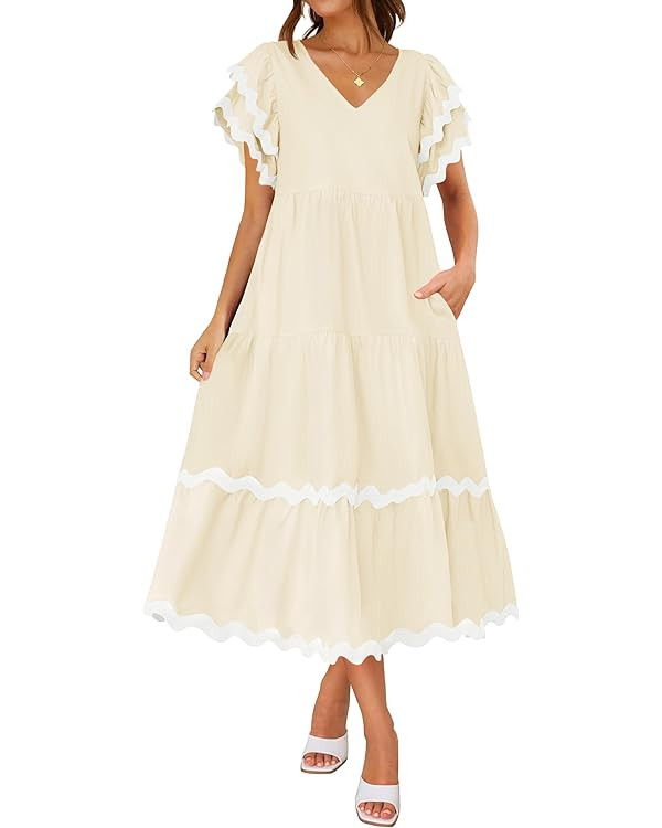 ZESICA Womens 2024 Summer Casual Midi Dresses V Neck Flutter Short Sleeve Ruffle Tiered A Line Fl... | Amazon (US)