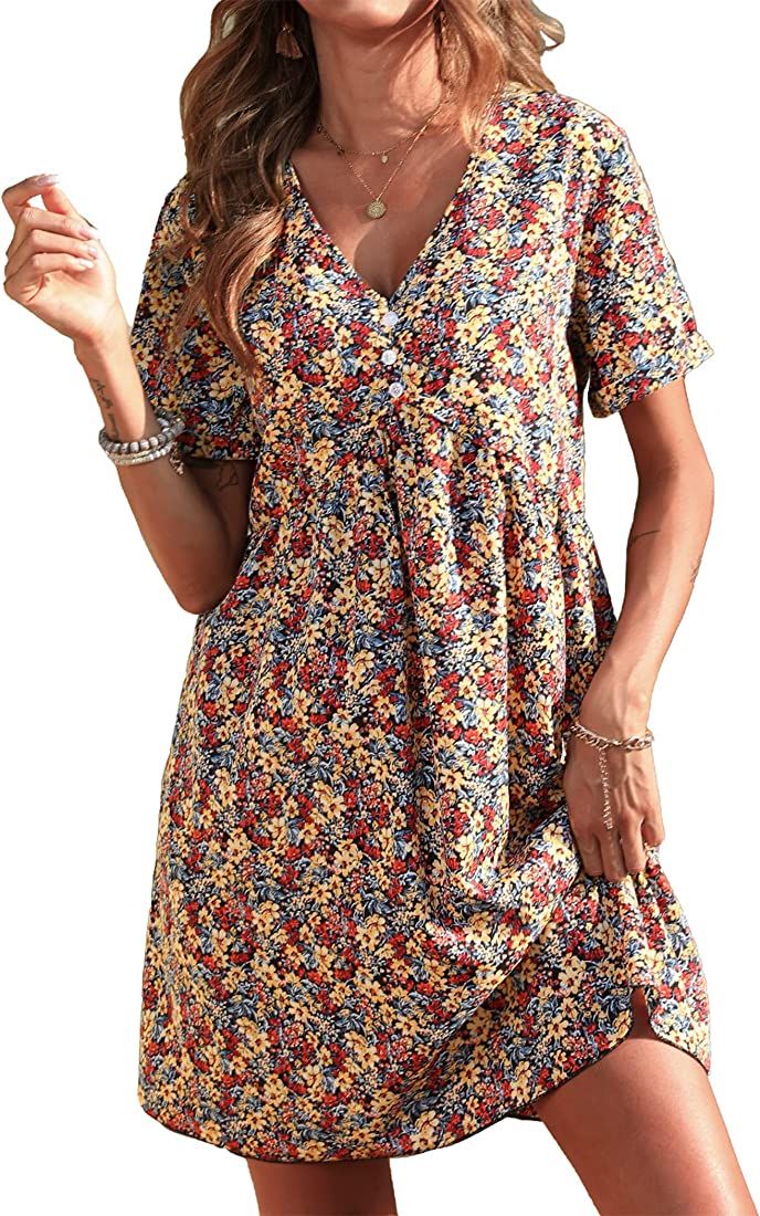 PRETTYGARDEN Summer Dress for Women 2023 Short Sleeve V Neck Ruffle Floral Swing A-Line Short Dre... | Amazon (US)
