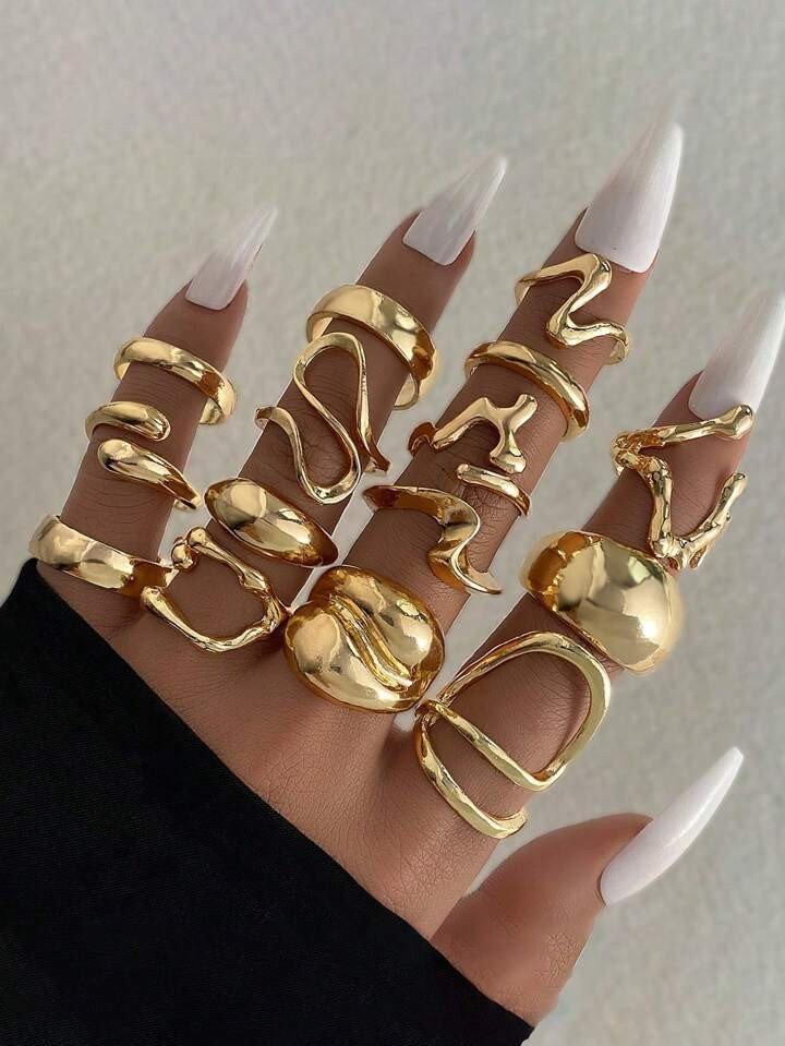 15pcs/Set Geometric Hollow Alloy Rings, Asymmetrical Design, Simple Style Finger Rings For Women, Suitable For Daily Wear Or Festivals | SHEIN