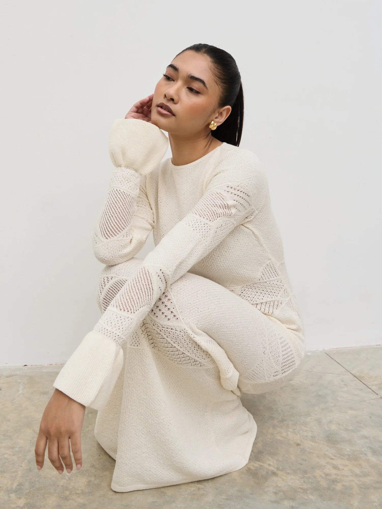 Bronwyn Patterned Knit Maxi Dress - Cream | Pretty Lavish (UK)