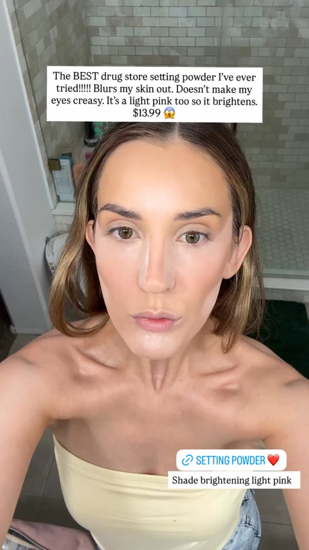 The BEST drug store setting powder I’ve ever tried!!!!! Blurs my skin out. Doesn’t make my eyes creasy. It’s a light pink too so it brightens.$13.99 😱 Shade brightening light pink