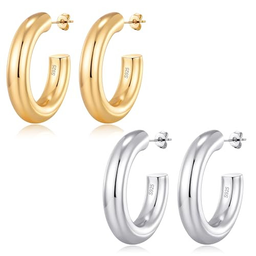Silver Chunky Hoops For Women Thick Sterling Silver Hoops 925 Sterling Silver Hoop Earrings Small Chunky Hoop Earrings C Shape Thick Open Hoops Large Silver Hoop Earrings | Amazon (US)